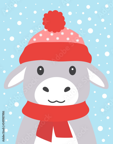 cartoon winter card of donkey on snow background