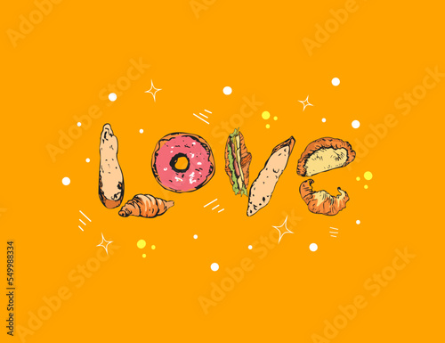 Colorful word Love made of hand drawn bakery