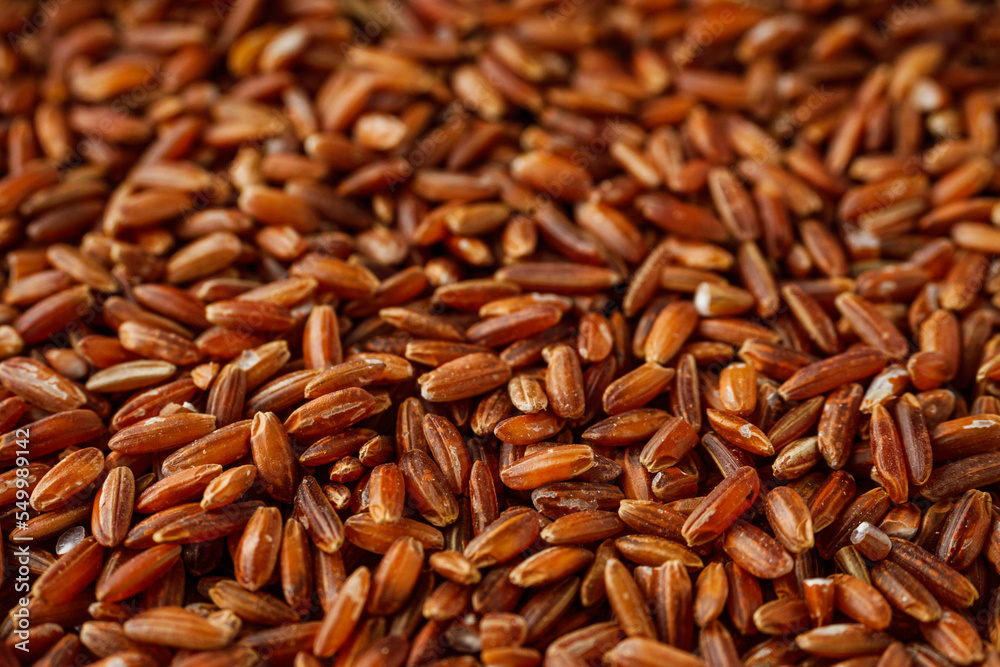 raw fresh red rice on a white background