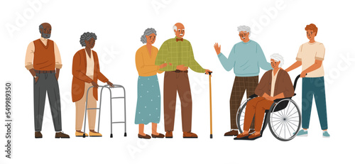 Senior people characters vector set isolated on white background. Old woman on wheelchair, aged man with walking stick. Social care service for elderly people