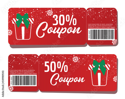 Vector coupon template. Christmas discount coupon in red with snowflakes. 30% off and 50% off for Christmas resales. photo