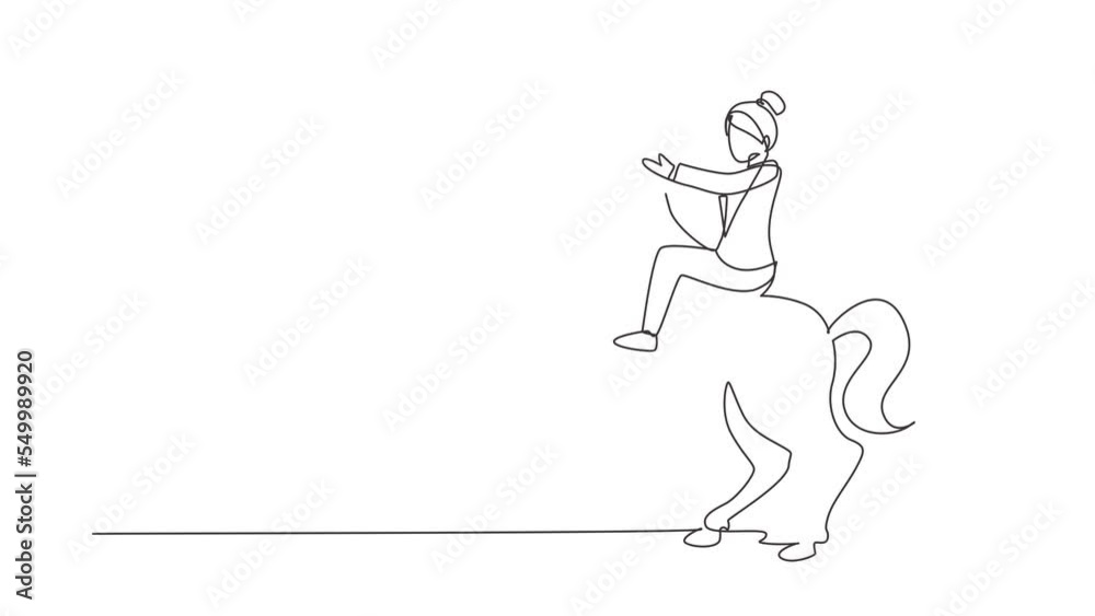 Self drawing animation of single line draw businesswoman riding unicorn symbol of success. Business startup concept, looking at the achievement, leadership. Continuous line draw. Full length animated Self drawing animation of single line draw businesswoman riding unicorn symbol of success. Business startup concept, looking at the achievement, leadership. Continuous line draw. Full length animated
