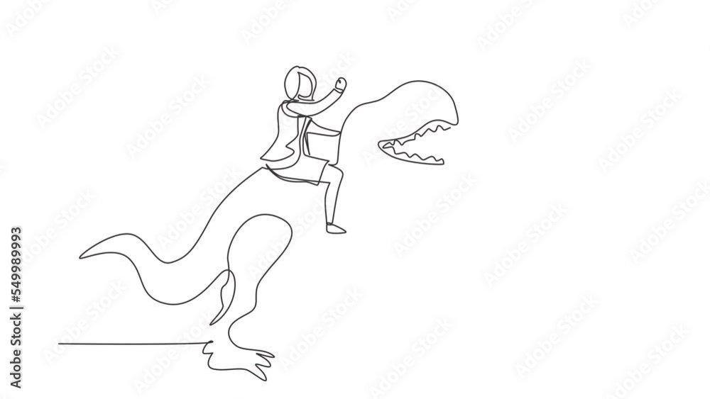 Animated self drawing of continuous line draw brave businesswoman riding huge dangerous tyrannosaurus. Professional entrepreneur female character fight with predator. Full length one line animation Animated self drawing of continuous line draw brave businesswoman riding huge dangerous tyrannosaurus. Professional entrepreneur female character fight with predator. Full length one line animation
