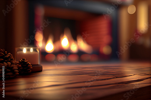 Wallpaper Mural elegant wooden floor or table with warm fire burning in the background, cozy christmas decor with fireplace background suitable for photo editing and mockups Torontodigital.ca
