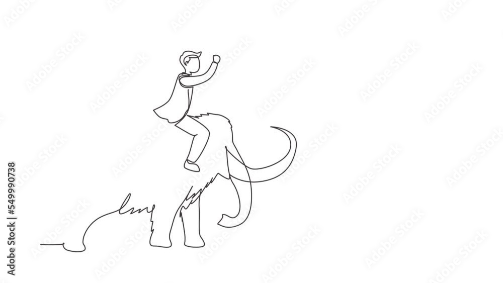 Animated self drawing of continuous line draw businessman riding dangerous mammoth. Professional entrepreneur character fight with predator. Successful business man. Full length one line animation Animated self drawing of continuous line draw businessman riding dangerous mammoth. Professional entrepreneur character fight with predator. Successful business man. Full length one line animation