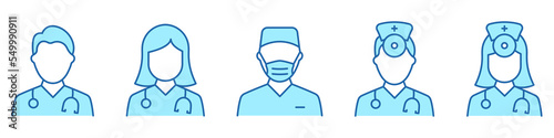 Hospital Healthcare Staff Color Line Icon Set. Male and Female Professional Doctors Outline Pictogram. Nurse, Otolaryngologist, Surgeon Icon. Isolated Vector Illustration
