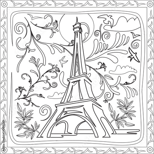 Page à colorier Coloriage Dessin Tour Eiffel Paris avec feuillage et Cadre en noir et blanc Oiseaux, Nuages