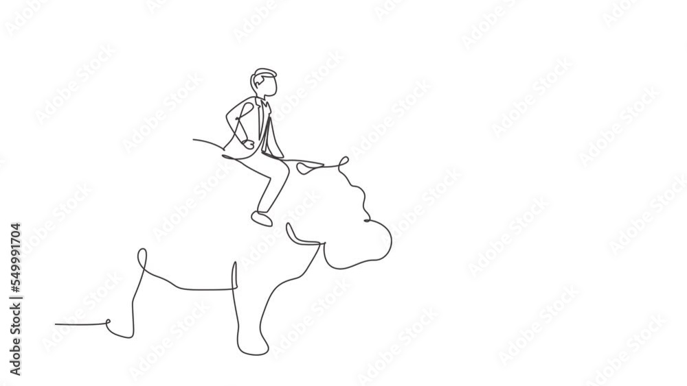 Animated self drawing of continuous line draw businessman riding hippopotamus symbol of success. Business metaphor concept, looking at goal, achievement, leadership. Full length one line animation Animated self drawing of continuous line draw businessman riding hippopotamus symbol of success. Business metaphor concept, looking at goal, achievement, leadership. Full length one line animation