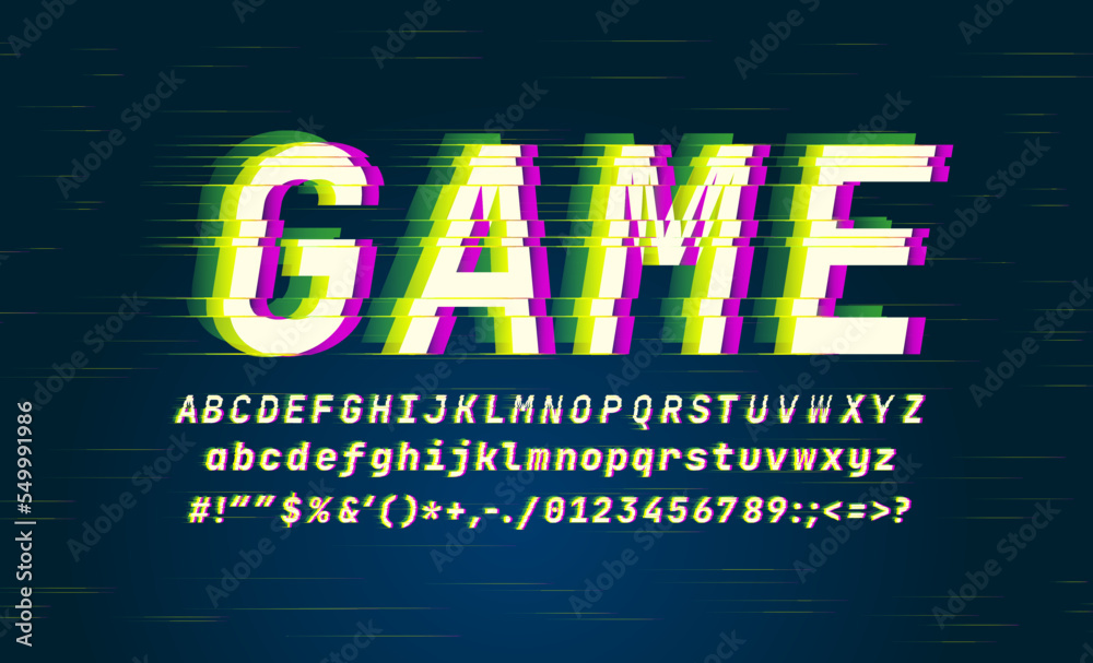 Glitch style digital font Latin alphabet Latin alphabet. Set of letters, number and symbols Typography future creative design Trendy lettering modern concept. Green and pink distorted channels. Vector