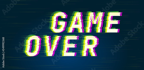 Game over. Glitch style digital font quotes. Typography future creative design. Trendy lettering modern concept. Green and pink distorted channels. Vector