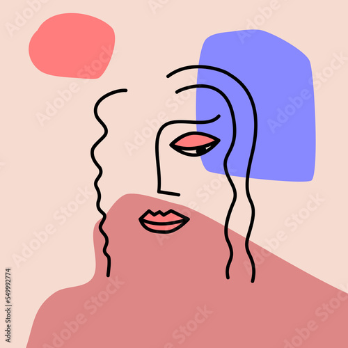 Middle age woman face line art. Female portrait cubism style hand drawn. Colorful geometric design elements. One line art. Contemporary modern abstract girl drawing. Vector illustration  flat clip art