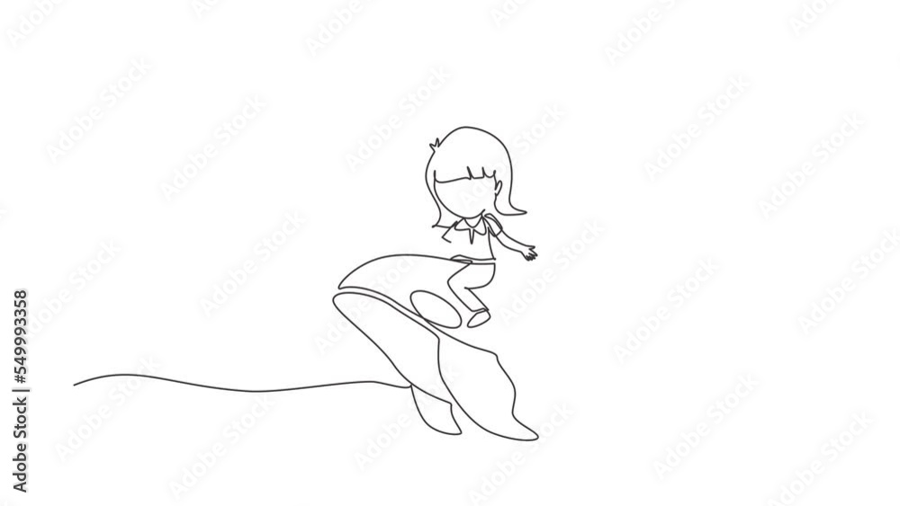 Animated self drawing of single continuous line draw little girl riding orca. Young kid sitting on back whale killer in swimming pool. Whale killer or orca in water. Full length one line animation Animated self drawing of single continuous line draw little girl riding orca. Young kid sitting on back whale killer in swimming pool. Whale killer or orca in water. Full length one line animation
