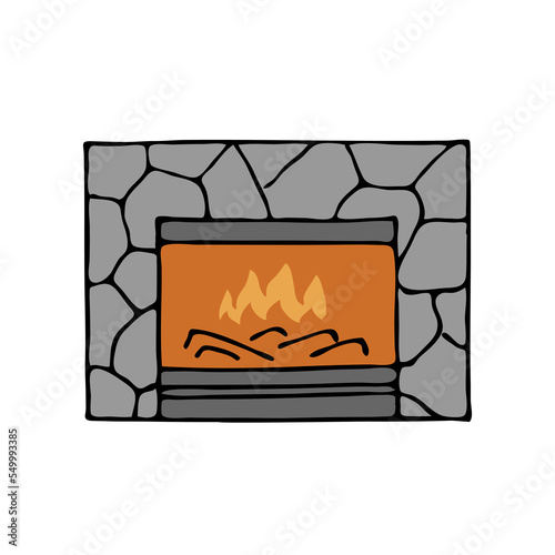 Sketch fireplace. Fire flame. Warmth and comfort in the room. Home interior. Vector black and white isolated illustration. Hand drawn outline sketch