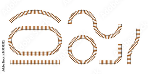 Railroad tracks. Railway train track. Rails and sleepers. Vector stock illustration.