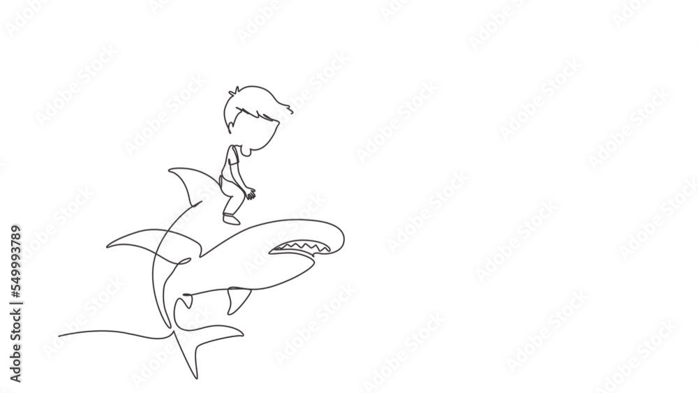 Animated self drawing of continuous line draw little boy riding inflatable shark. Young kid sitting on back shark in swimming pool. Shark ocean fish in deep water. Full length single line animation Animated self drawing of continuous line draw little boy riding inflatable shark. Young kid sitting on back shark in swimming pool. Shark ocean fish in deep water. Full length single line animation