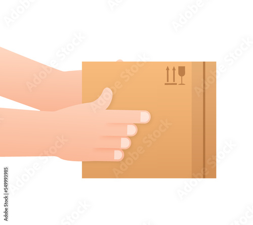 Hand holding package, box. Delivery and shipping concept. Vector stock illustration.