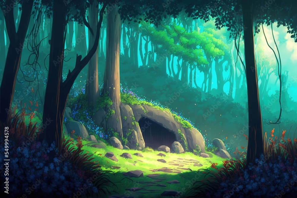 Fototapeta premium Animal's den in beautiful forest cartoon style, illustration for fairytale