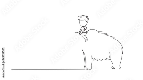 Animated self drawing of continuous line draw little boy caveman riding woolly mammoth. Young kid sitting on back of mammoth. Stone age children. Ancient human life. Full length single line animation photo