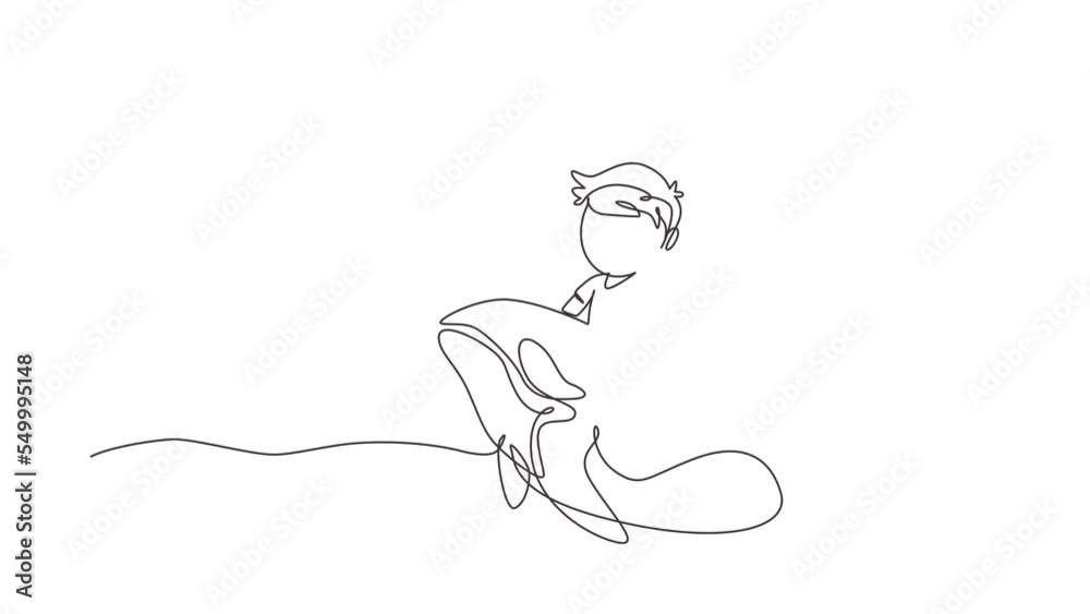 Self drawing animation of single line draw little boy riding orca ...