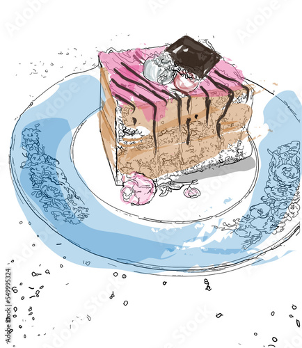 Chocolate cake with berry and flowers Vector watercolors