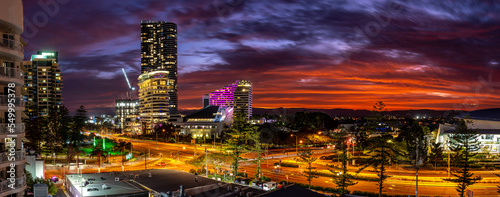 Gold Coast, Queensland, Australia - Panorama of Broadbeach at sunset photo