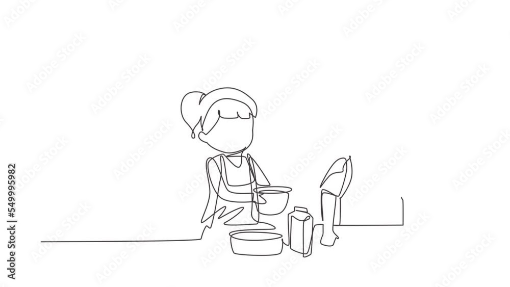 Animated self drawing of continuous line draw siblings boy and girl baking together with rolling pin at kitchen counter. Happy kids making homemade bakery at home. Full length single line animation Animated self drawing of continuous line draw siblings boy and girl baking together with rolling pin at kitchen counter. Happy kids making homemade bakery at home. Full length single line animation