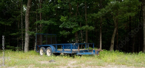 Blue trailer isolated on the grass on the background of evergreen trees