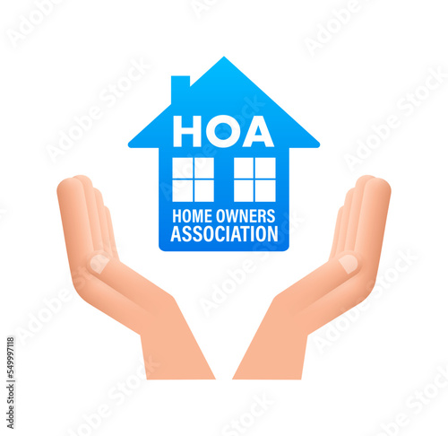 HOA - home owners association. House icon, label. Vector stock illustration