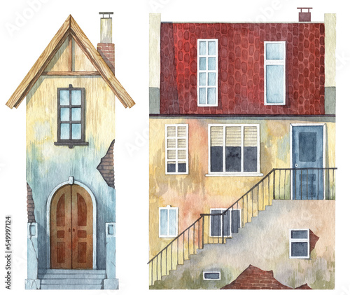 Colorful old house facade in high resolution. Watercolor textured rustic wall with bricks and small windows, tiled roof