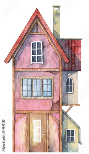 Old cottage house facade with chimney and aged walls. Watercolor hand painted architecture illustration of tiny pink village house