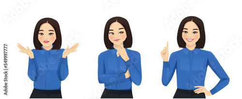 Young asian business woman frustrated, thinking and making idea pointing up isolated on white background vector illustration