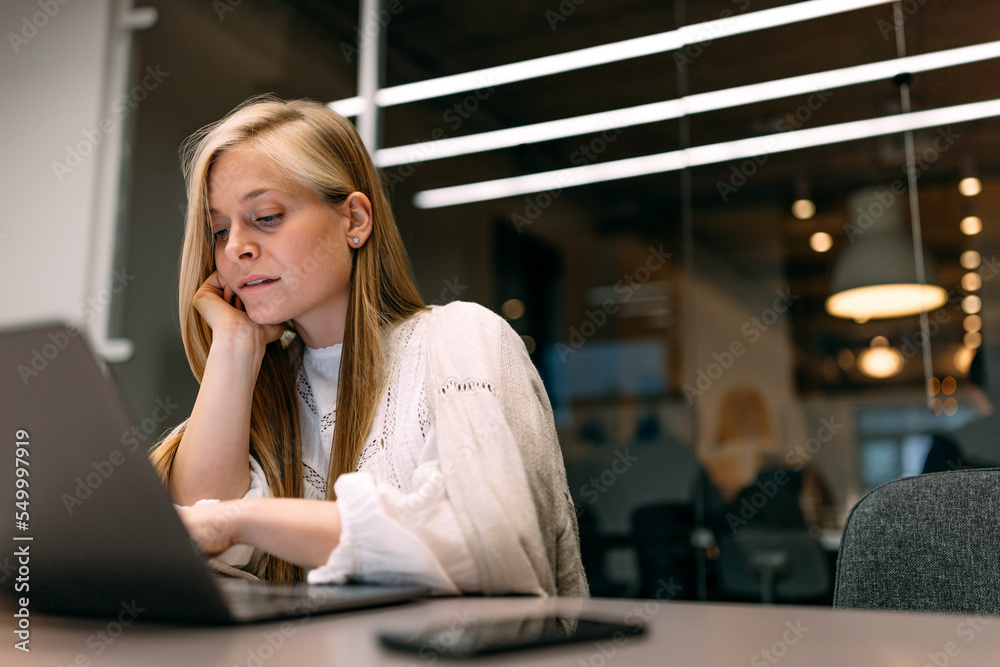 Obraz premium Businesswoman working whole day, over the laptop, making some new plans.