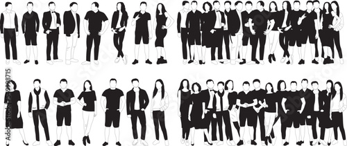 silhouette people, crowd black and white, set design vector isolated