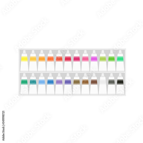 Painting supplies, color palettes, colorful tubes, watercolors, oil paints, acrylic paints.