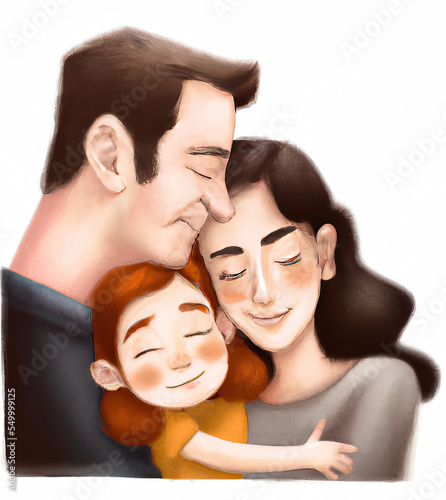 Father and mother hugging their daughter happily. Illustration