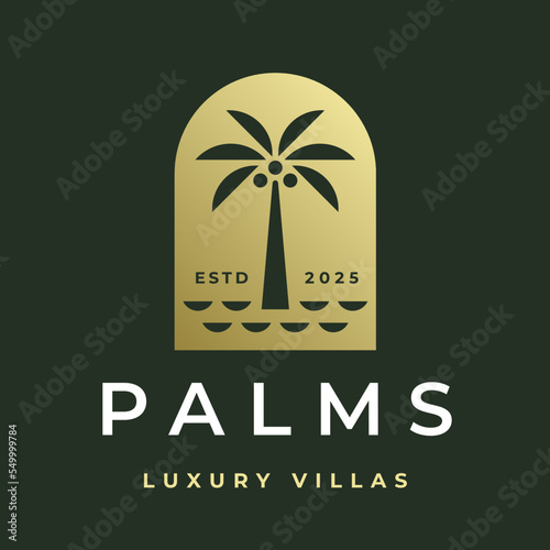 Palm tree logo. Luxury villas icon. Coconut tree emblem. Tropical beach paradise brand label. Exotic island resort summer vacation sign. Vector illustration.