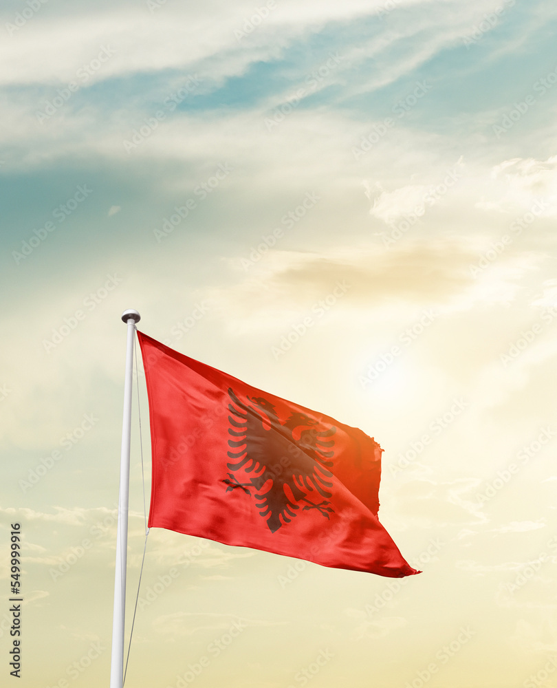Waving Flag of Albania with beautiful Sky. 