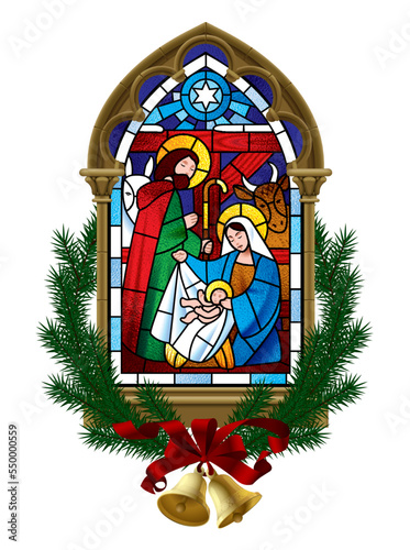 Stained glass window of the scene of the birth of Jesus Christ in a classic Gothic frame framed by spruce branches with bells isolated on white. Vector illustration