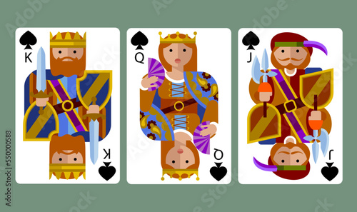 Spades suit playing cards of King, Queen and Jack in funny modern flat style. Vector illustration