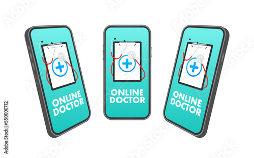 Online docton smartphone for medical design. Health care, medicine service hospital doctor. Healthcare, medicine. Vector stock illustration.