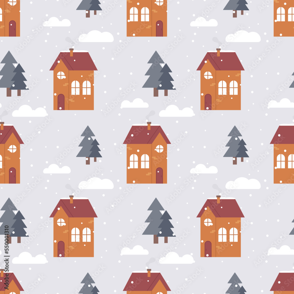 Cute winter seamless pattern of house with Christmas trees and snow in flat style. Ideal for paper products or clothing prints