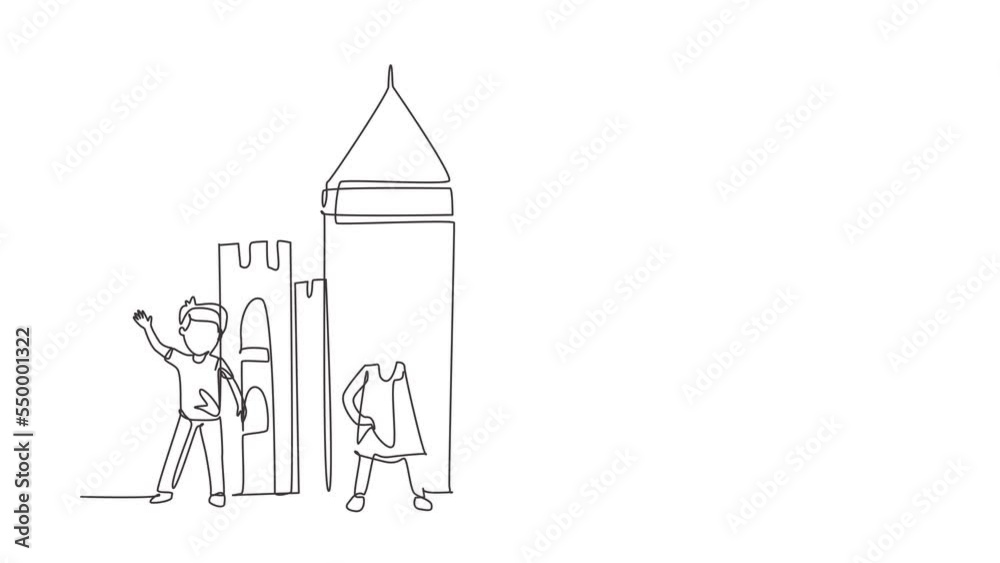 Self drawing animation of single line draw kids with cardboard for school play. Children playing in castle made of cardboard boxes. Kid playing castle. Continuous line draw. Full length animated Self drawing animation of single line draw kids with cardboard for school play. Children playing in castle made of cardboard boxes. Kid playing castle. Continuous line draw. Full length animated