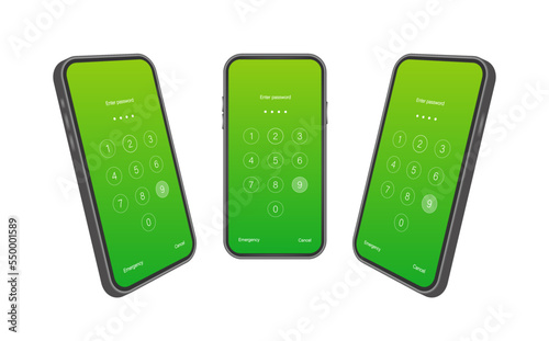 Screen lock authentication password smartphone background template. Illustration of phone ID recognition screenlock password or lockscreen passcode numbers display.