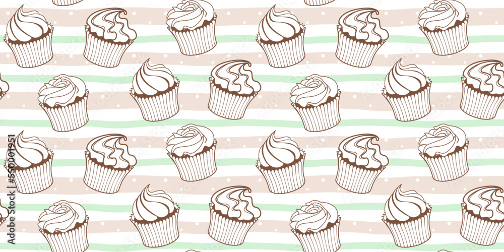 Brown outline muffins with cream on a soft striped background. Endless texture with cupcakes. Vector seamless pattern for bakery, cafe, sweet shop, pastry shop, confectionery, surface texture or print
