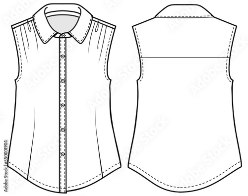 women sleeveless shirt blouse flat sketch vector illustration button down top technical cad drawing template