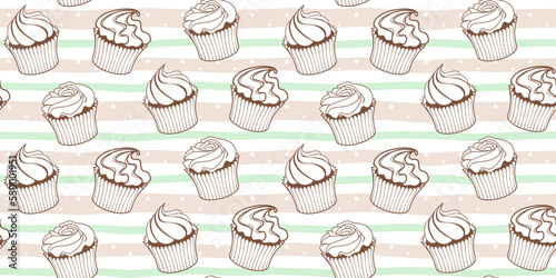 Brown outline muffins with cream on a soft striped background. Endless texture with cupcakes. Vector seamless pattern for bakery  cafe  sweet shop  pastry shop  confectionery  surface texture or print