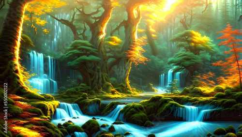 a magical fantasy forest landscape in autumn with a river and waterfalls in the sunset - painting - illustration