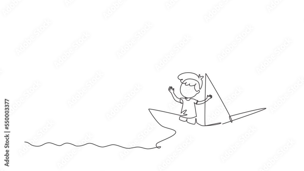 Animated self drawing of continuous one line draw cute smiling little boy sailing on paper boat. Happy smiling kid having fun and playing sailor in imaginary world. Full length single line animation Animated self drawing of continuous one line draw cute smiling little boy sailing on paper boat. Happy smiling kid having fun and playing sailor in imaginary world. Full length single line animation
