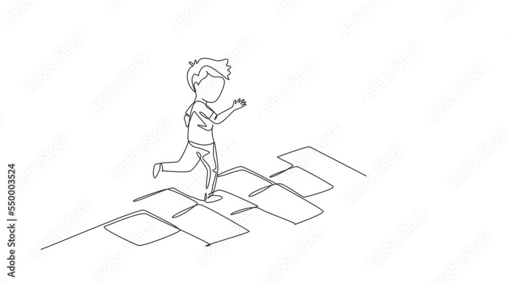 Animated self drawing of continuous line draw two boys playing hopscotch at kindergarten yard. Kids playing hopscotch game outside. Hop scotch court drawn with chalk. Full length one line animation Animated self drawing of continuous line draw two boys playing hopscotch at kindergarten yard. Kids playing hopscotch game outside. Hop scotch court drawn with chalk. Full length one line animation