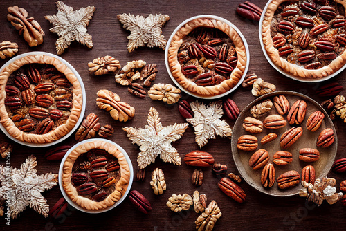 Pecan nut pies laid flat on wooden background top view christmas cookies